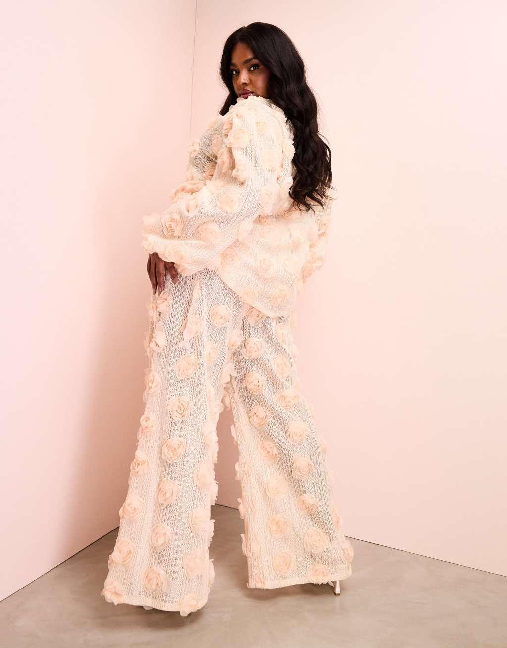 ASOS LUXE Curve 3D floral crochet beach pants in cream Product Image