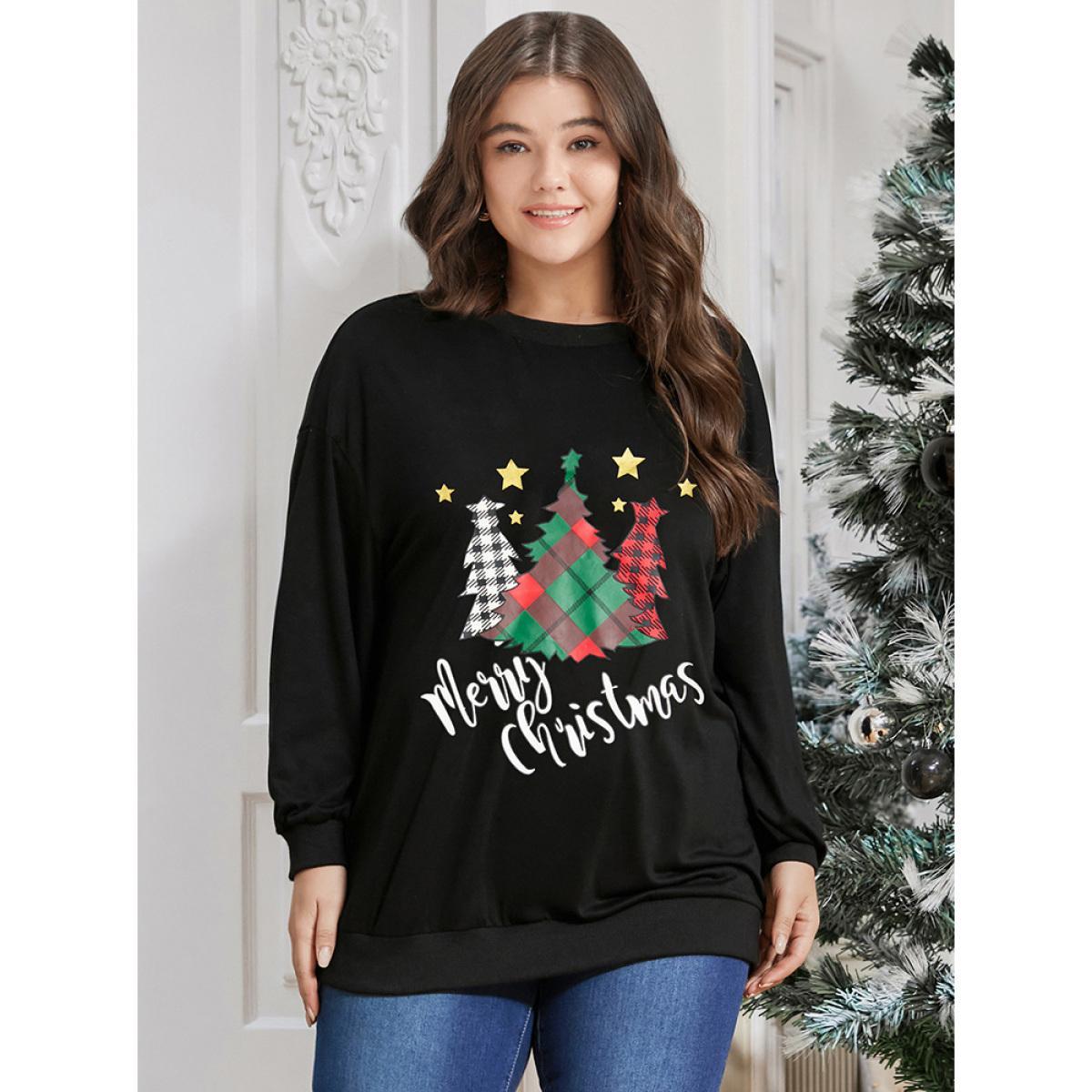 Plus Size Tree & Letter Print Drop Shoulder Sweatshirt Women Black Casual Printed Dailywear Sweatshirts BloomChic 18-20/2X Product Image