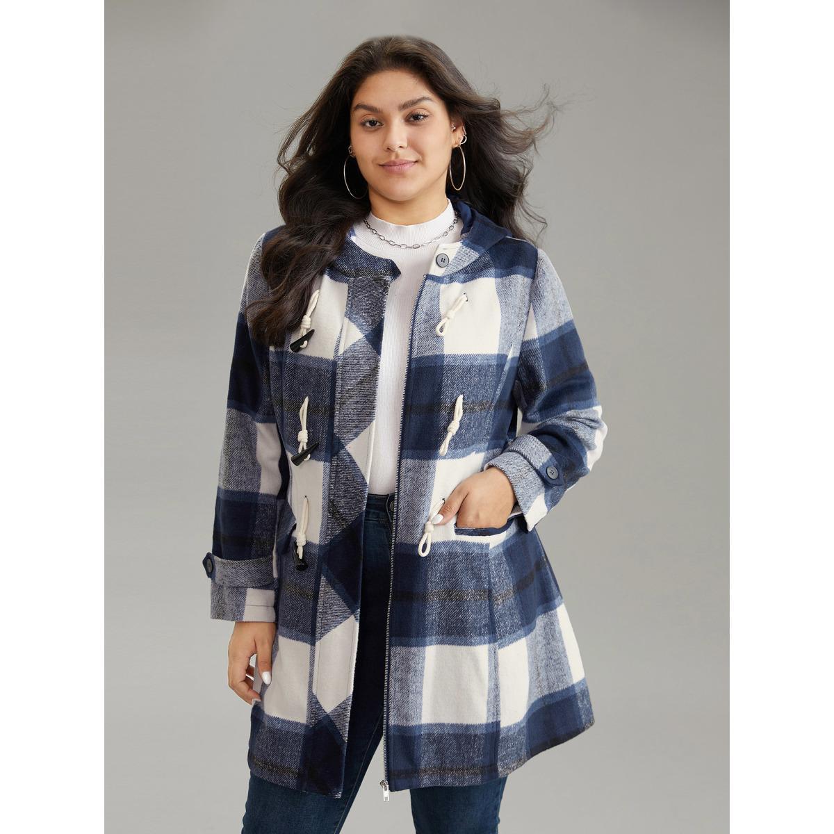 Plus Size Plaid Hooded Duffle Button Zipper Coat Women Indigo Casual Lined Ladies Dailywear Winter Coats BloomChic 28/5X Product Image