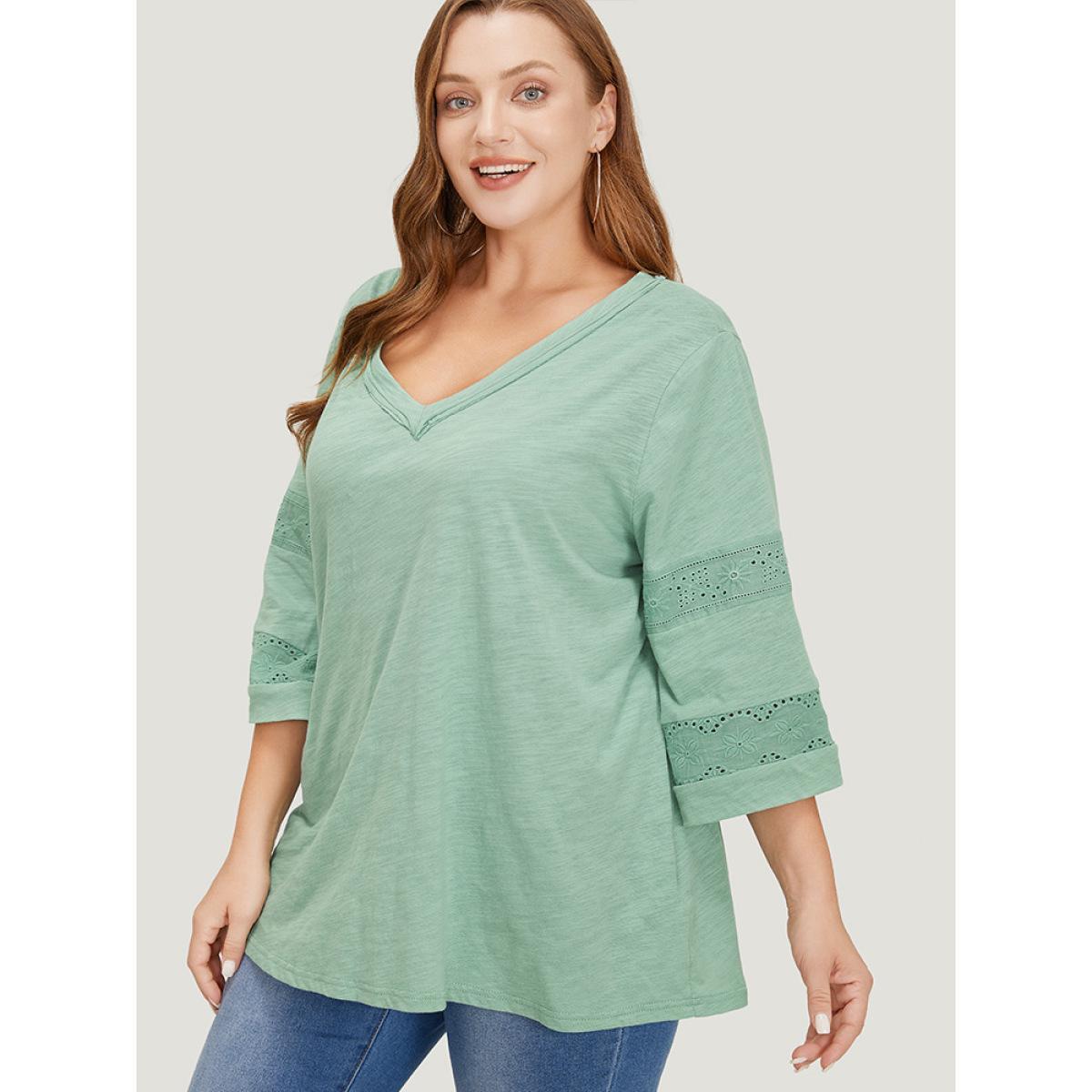 Plus Size Solid Broderie Anglaise Flounce Sleeve T-shirt Mint Women Elegant Broderie anglaise Plain V-neck Dailywear T-shirts BloomChic 12/L Product Image