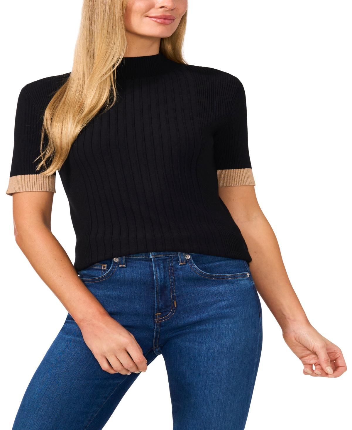 CeCe Womens Ribbed Mock-Neck Contrast-Cuff Sweater Product Image