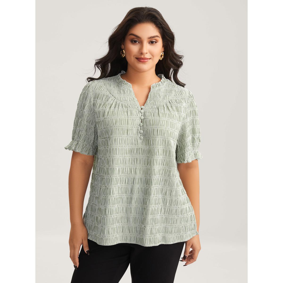 Plus Size Greenbean Cotton Half-Open Striped Solid Blouse Women Short sleeve Flat collar with V-notch Work Blouses BloomChic 18-20/2X Product Image
