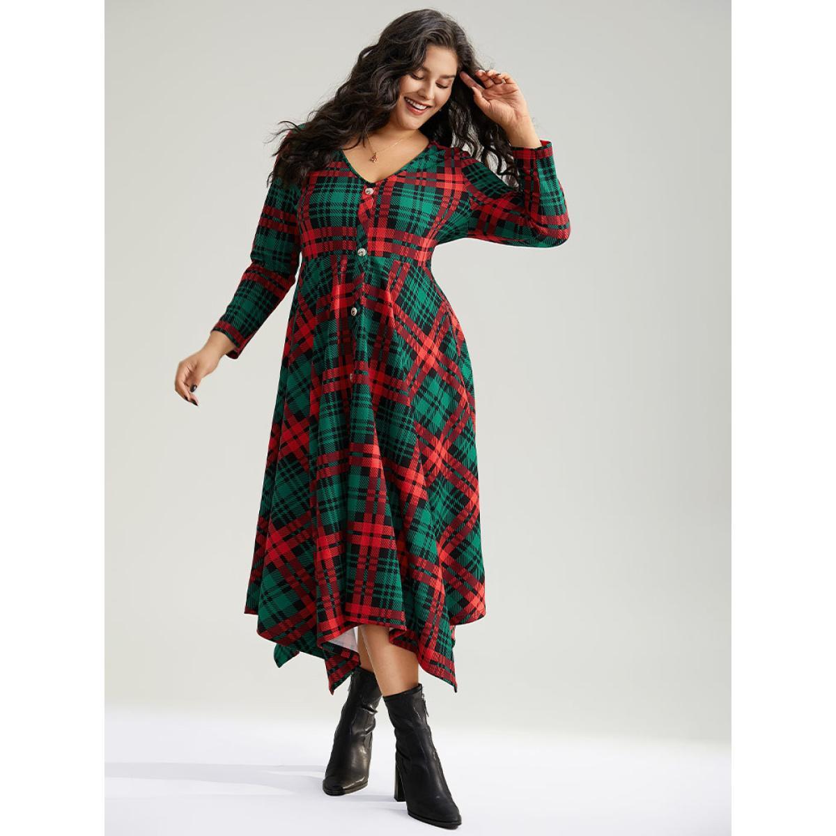 Plus Size Christmas Plaid Button Detail Hanky Hem Dress DarkGreen Women Casual Printed V-neck Long Sleeve Curvy Midi Dress BloomChic 22-24/3X Product Image