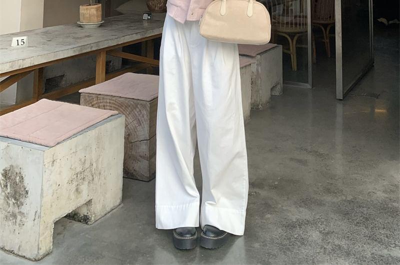 Plain Button Bomber Jacket / Long-Sleeve Crew Neck T-Shirt / Mid Rise Wide Leg Pants Product Image