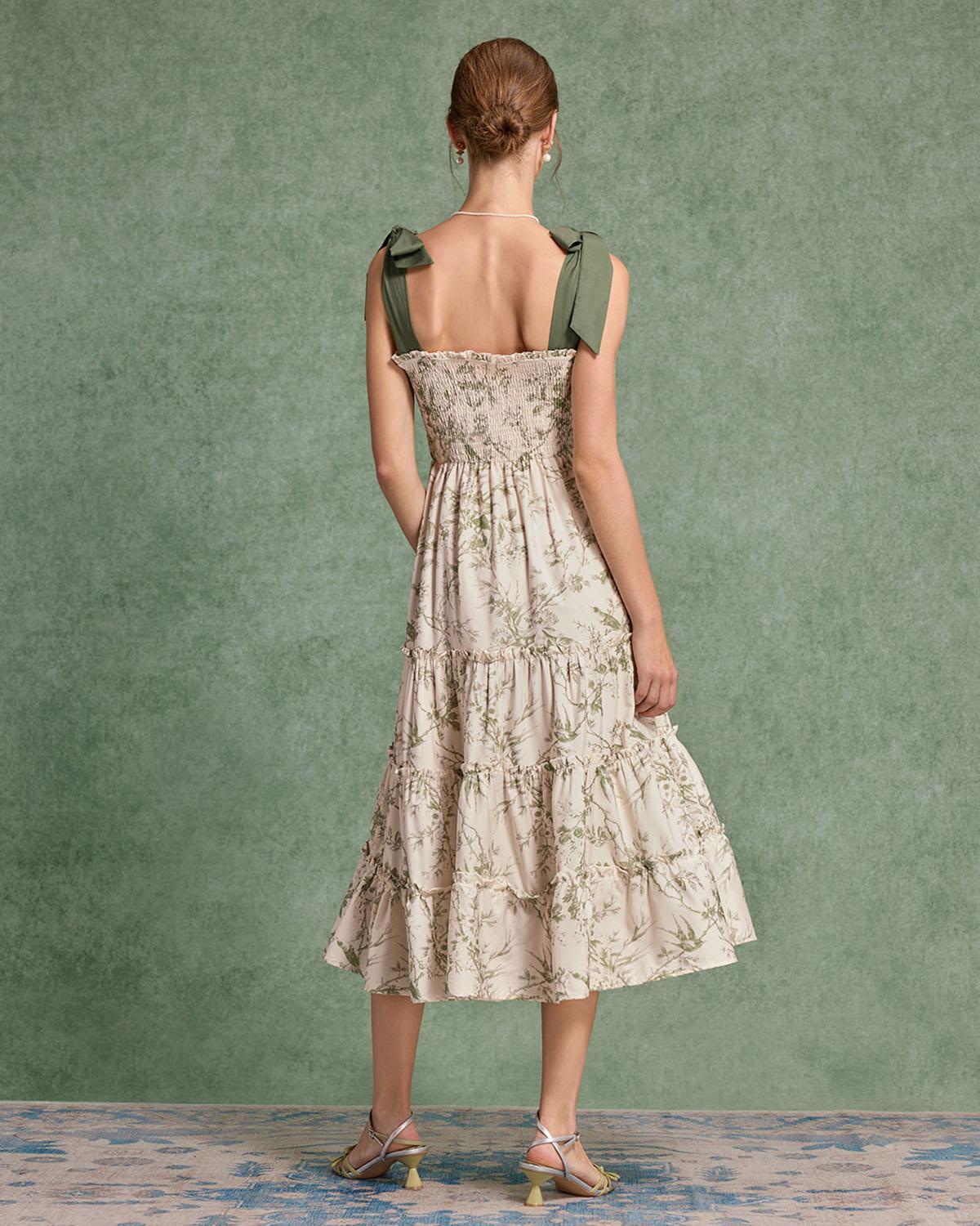 Green Floral Tie Strap Midi Dress Product Image