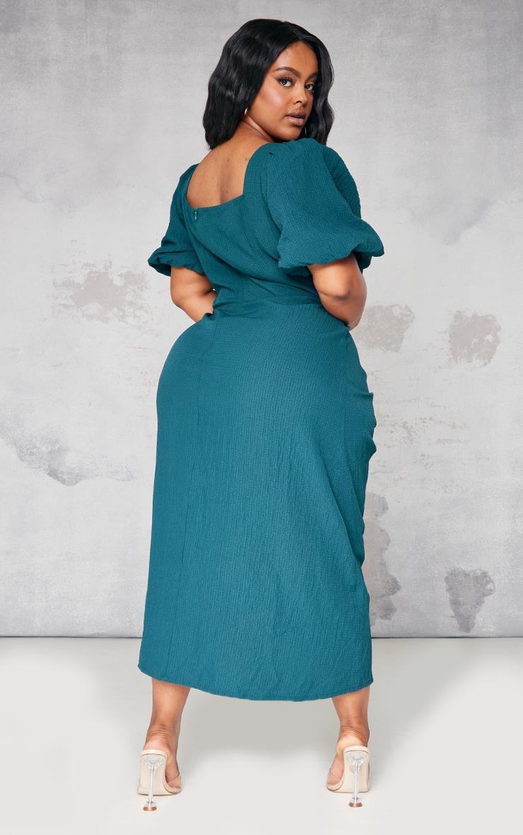 Plus Emerald Green Puff Sleeve Ruched Side Split Midi Dress Product Image