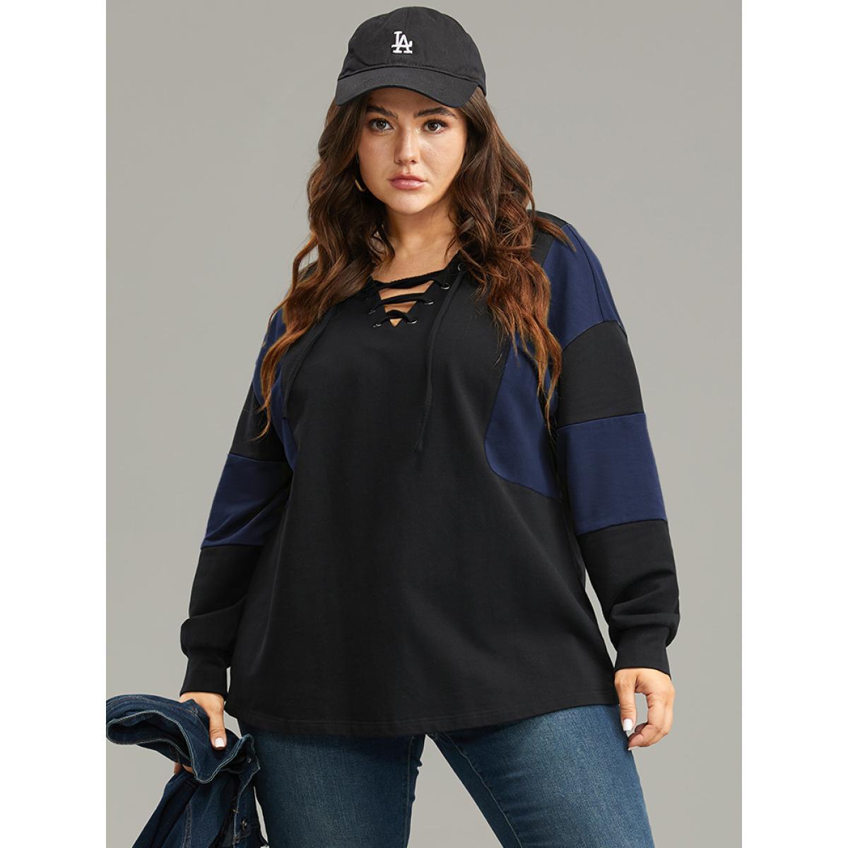 Plus Size Cotton Colorblock Contrast Lace Up Sweatshirt Women Blue Casual Elastic cuffs V-neck Dailywear Sweatshirts BloomChic 22-24/3X Product Image