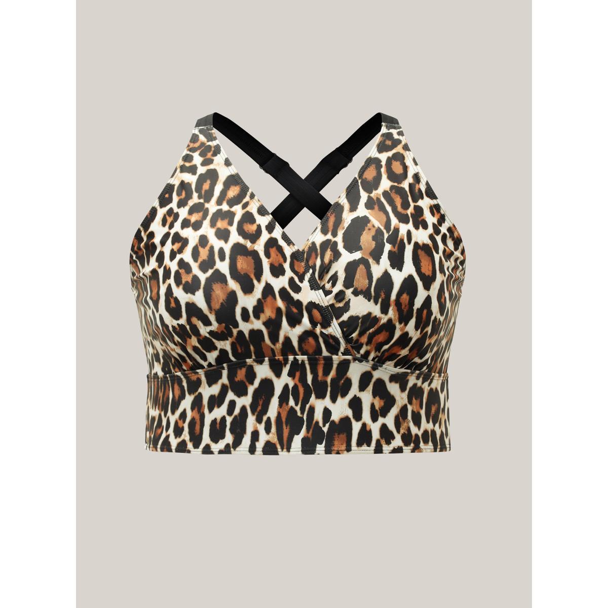 Plus Size Leopard Print Surplice Neck Swim Top Women's Swimwear Leopard Beach High stretch Skinny V-neck Curve Swim Tops BloomChic 26/4X Product Image
