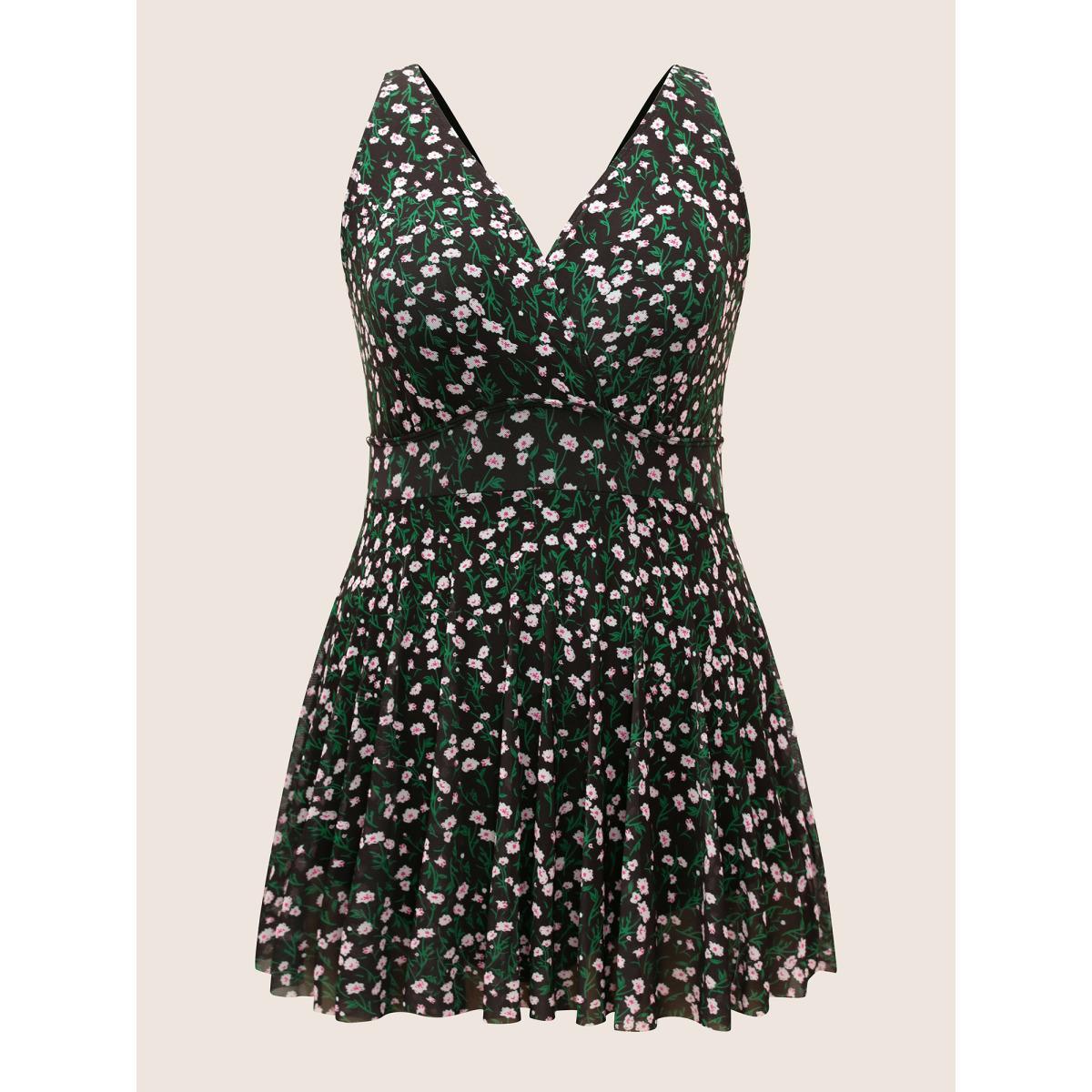Plus Size Ditsy Floral See Through Gathered Swim Dress Women's Swimwear Black Beach Bodycon Overlap Collar High stretch Curve Swim Dresses BloomChic 12/L Product Image
