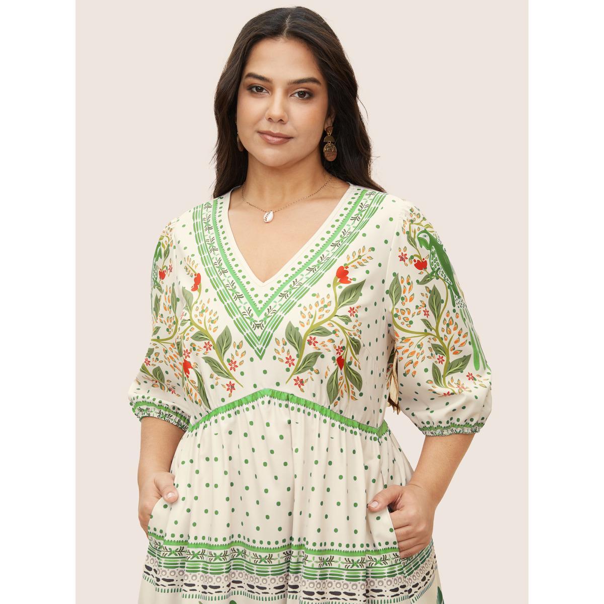 Plus Size V Neck Floral Print Elastic Waist Lantern Sleeve Dress Truegreen Women Resort Gathered V-neck Sleeveless Curvy Midi Dress BloomChic 18-20/2X Product Image