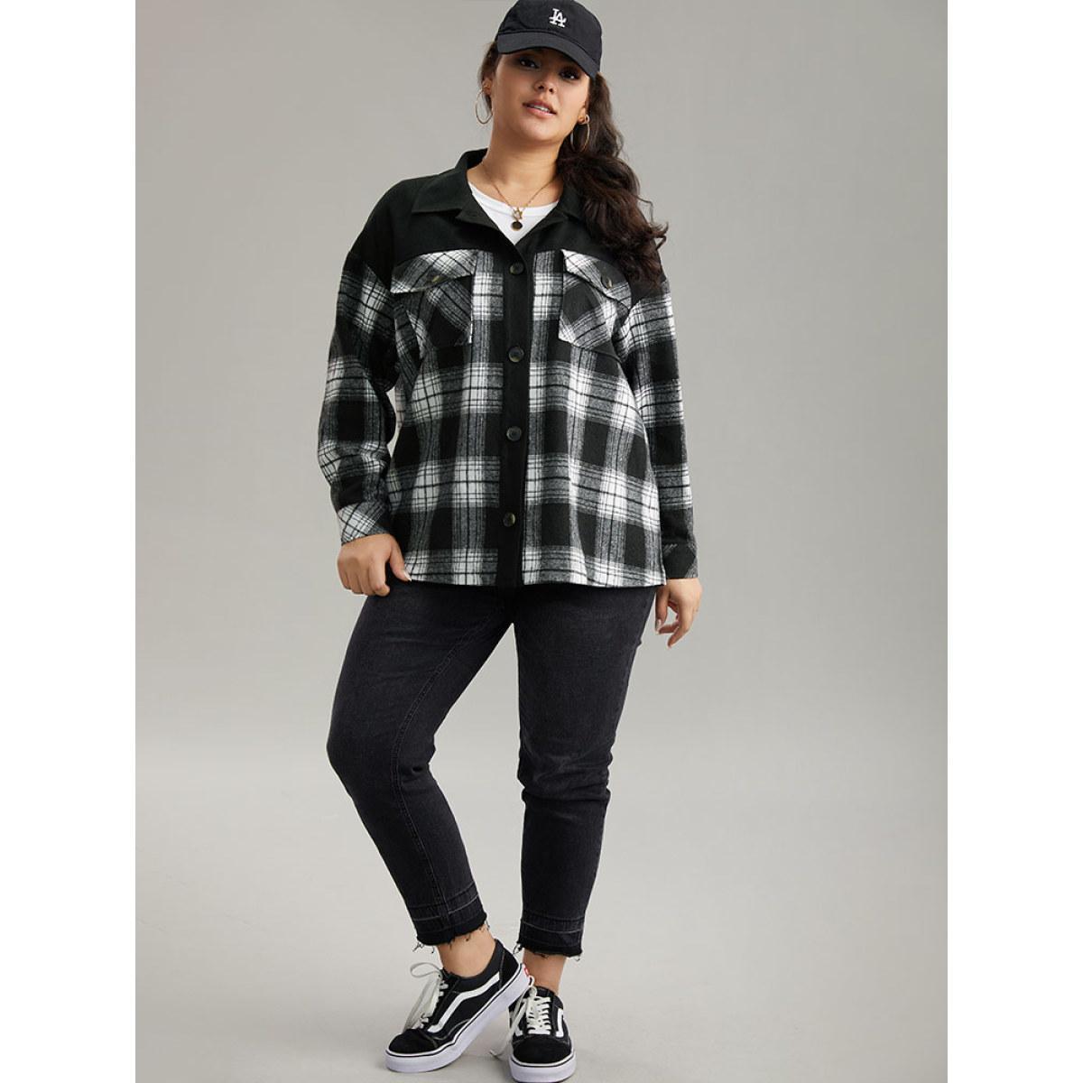 Plus Size Plaid Patchwork Patched Pocket Button Through Shacket Women Black Casual Contrast Ladies Dailywear Winter Coats BloomChic 26/4X Product Image