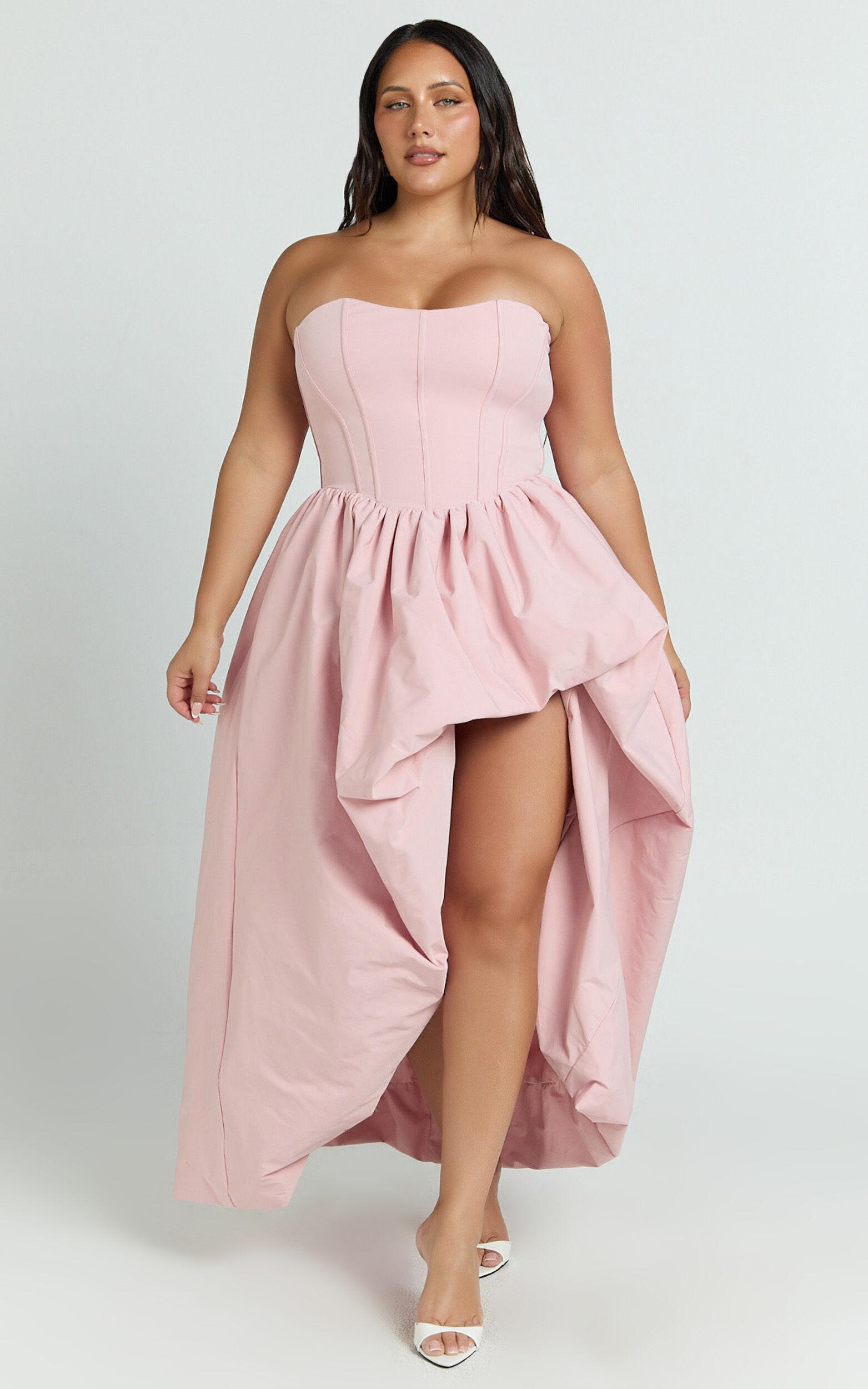 Seraphina Maxi Dress - Strapless Asymmetrical Bubble Hem Dress in Pink Product Image