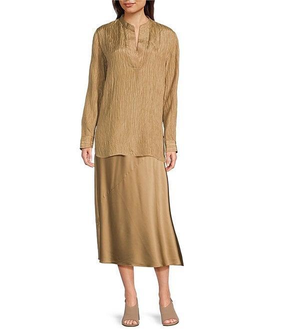 Eileen Fisher Textured Silk Jacquard Mandarin Collar Long Sleeve Tunic Product Image