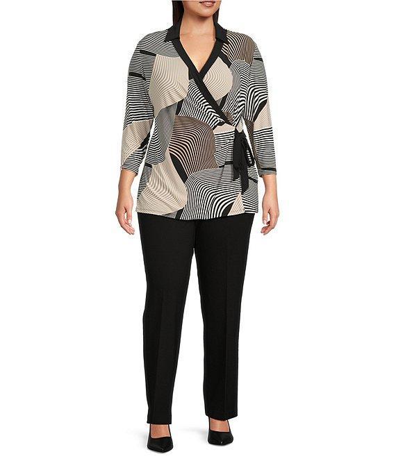 Anne Klein Plus Size Printed Stretch Knit Collar V-Neck 3/4 Sleeve Ruched Side Tie Top Product Image