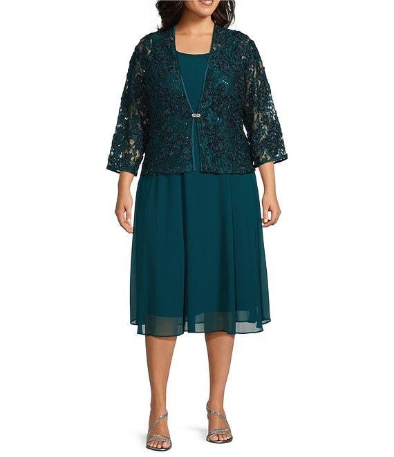 Jessica Howard Plus Size Soutache Chiffon Crew Neck 3/4 Sleeve Embellished Fit & Flare 2-Piece Jacket Dress Product Image