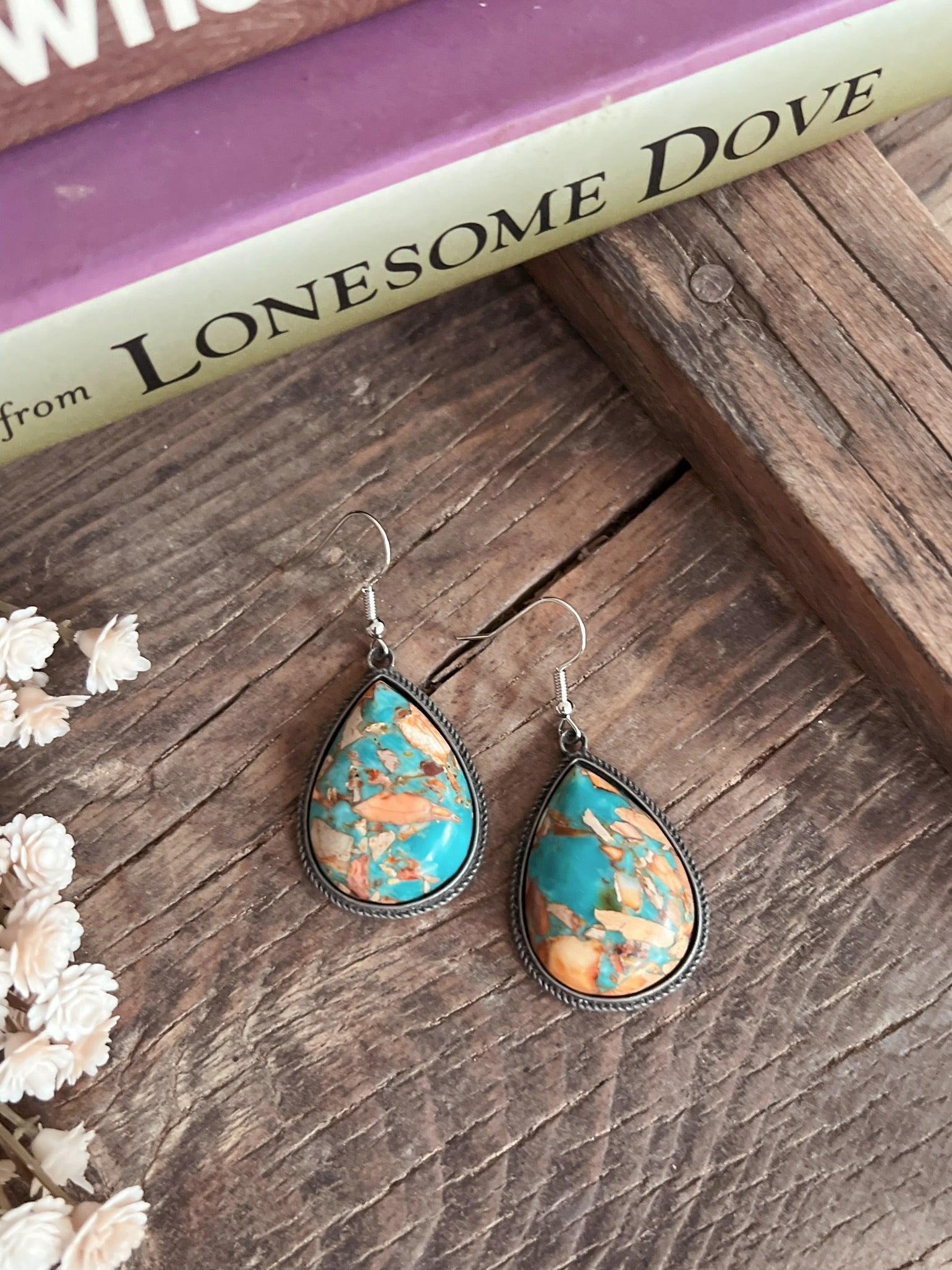Big Tear Drop Stone Turquoise Dangle Earrings - 2 Colors Product Image