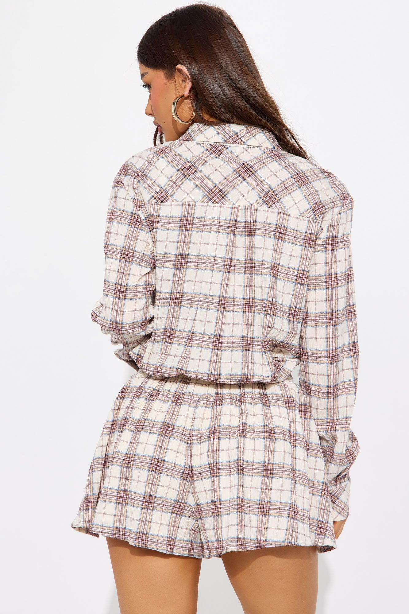 There's Always Today Plaid Long Sleeve Romper - Oatmeal/combo Product Image