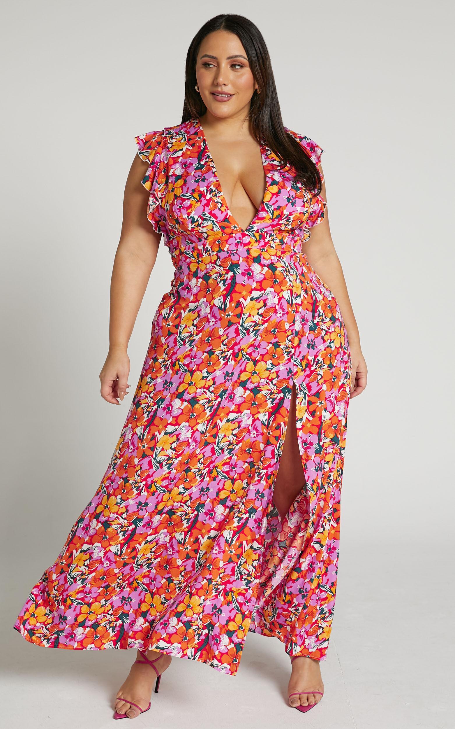 Dyliah Midi Dress - Thigh Split Frill Shoulder Plunge Neck Dress in Spring Floral Product Image