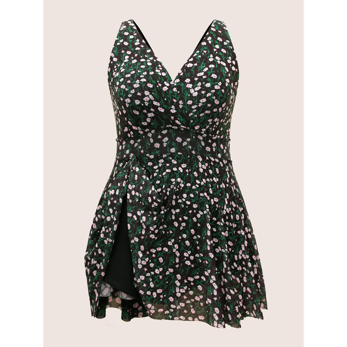 Plus Size Ditsy Floral See Through Gathered Swim Dress Women's Swimwear Black Beach Bodycon Overlap Collar High stretch Curve Swim Dresses BloomChic 12/L Product Image