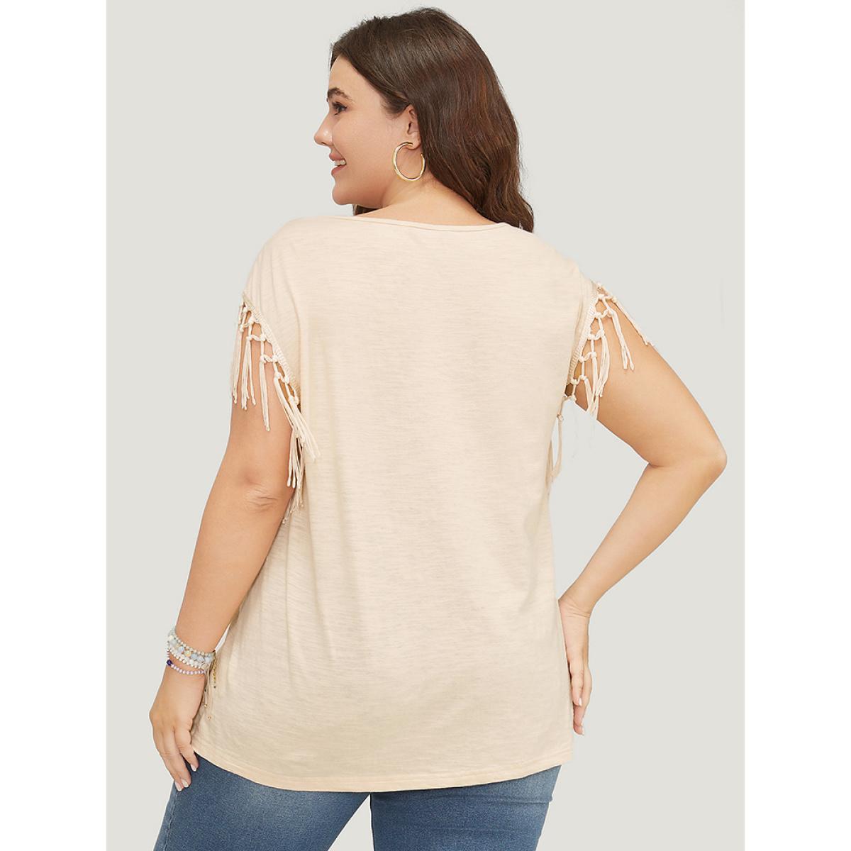Plus Size Solid Fringe Trim Batwing Sleeve T-shirt Beige Women Elegant Tassels Plain Round Neck Dailywear T-shirts BloomChic 12/L Product Image