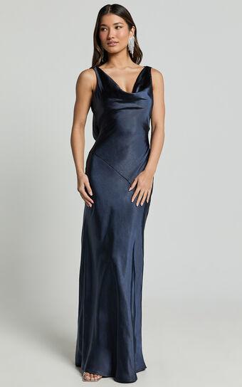 Adilah Maxi Dress - Cowl Neck Satin Dress in Navy Product Image