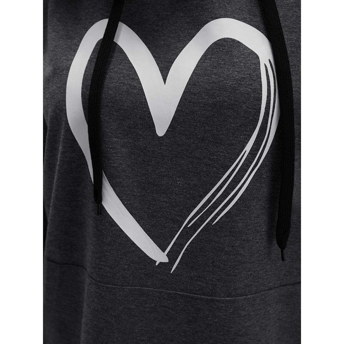 Plus Size Heart Print Drop Shoulder Pocket Drawstring Hooded Sweatshirt Women DarkGray Casual Plain Hooded Dailywear Sweatshirts BloomChic 28/5X Product Image