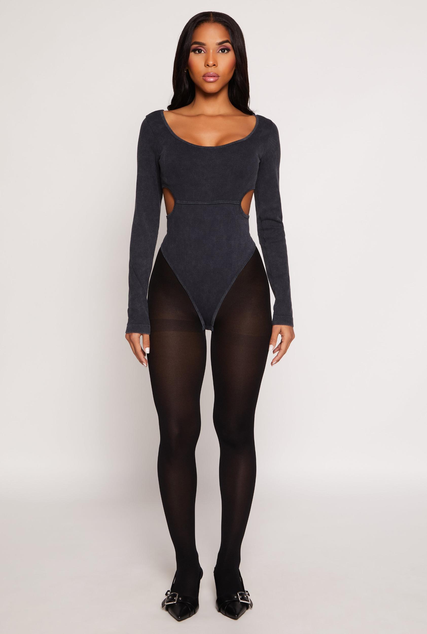 Womens Ribbed Knit Acid Wash Cut Out Bodysuit Product Image