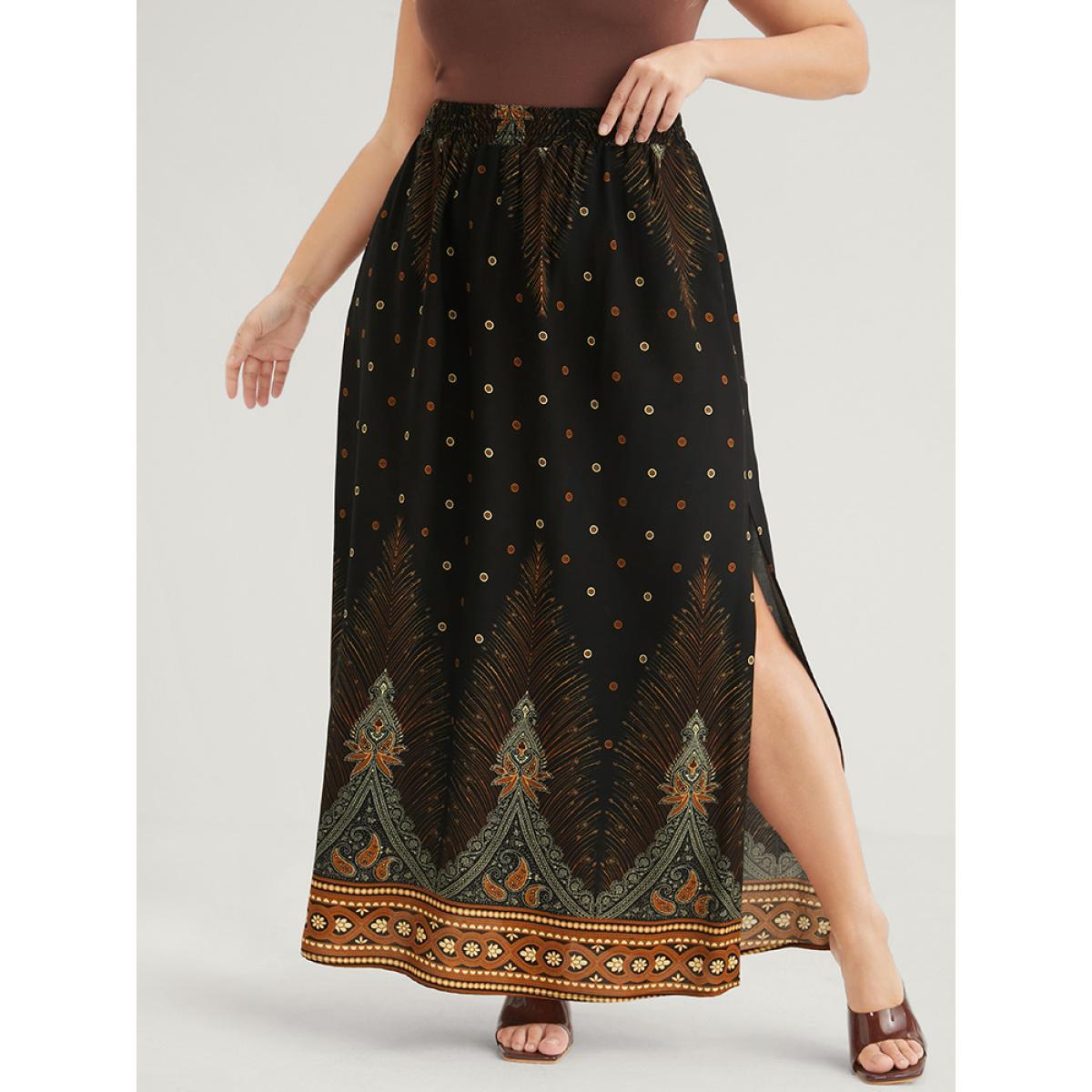 Plus Size Bandana Pocket Elastic Waist Split Skirt Women Black Vacation Printed No stretch Pocket Dailywear Skirts BloomChic 10/M Product Image