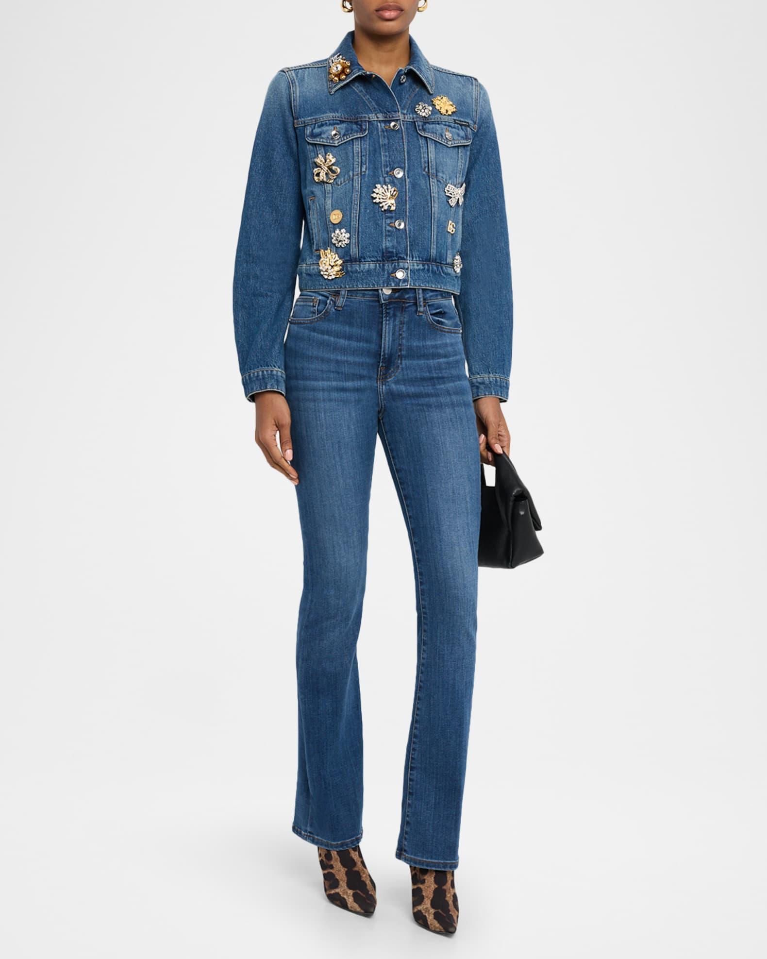 Brooch Embellished Crop Denim Jacket Product Image