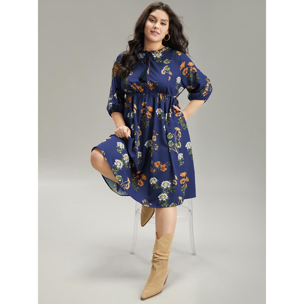 Plus Size Floral Tassel Trim Gathered Knot Neck Dress DarkBlue Women Vacation Elastic cuffs Tie Neck Elbow-length sleeve Curvy Knee Dress BloomChic 22-24/3X Product Image