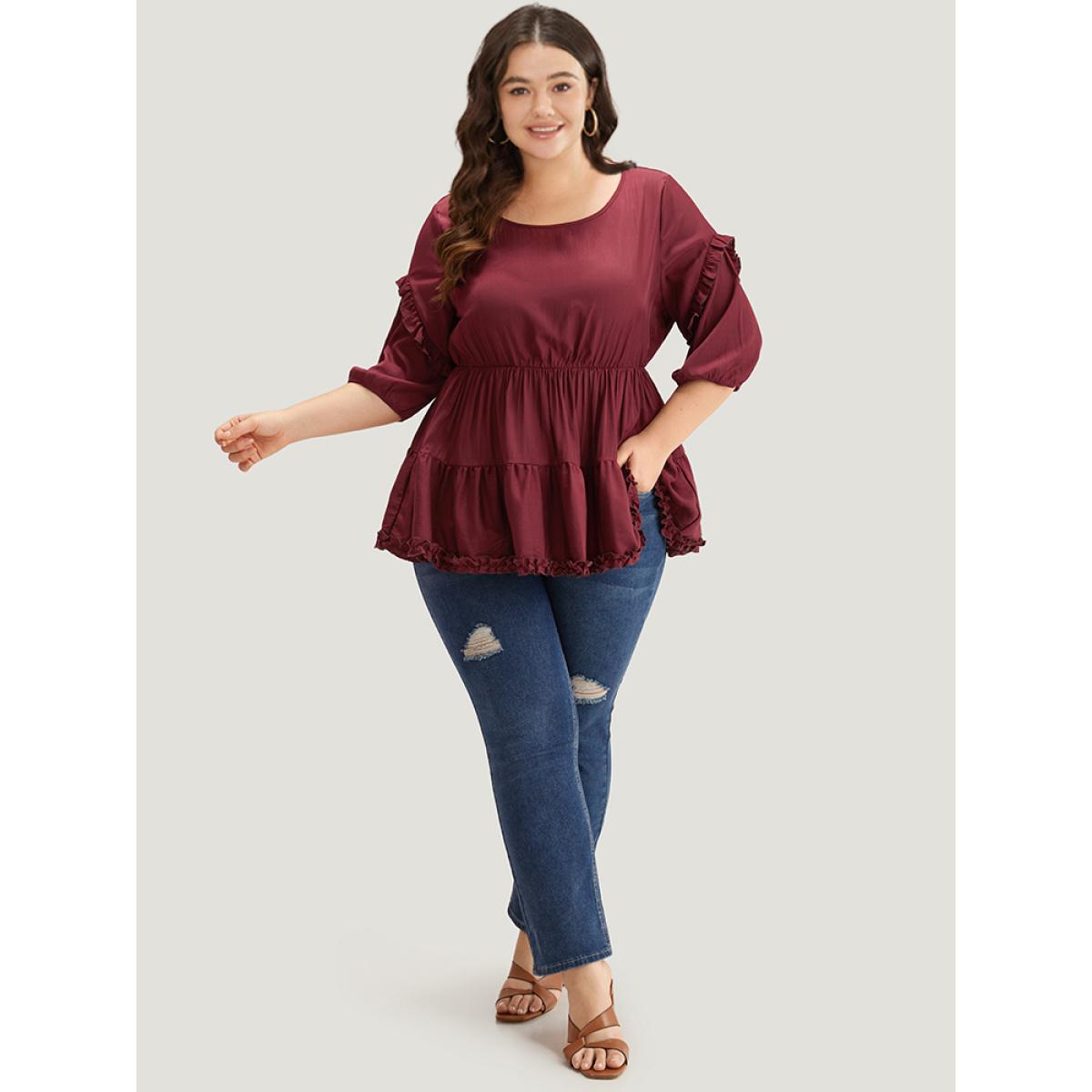 Plus Size Burgundy Plain Frill Trim Layered Hem Lantern Sleeve Blouse Women Elegant Elbow-length sleeve Round Neck Dailywear Blouses BloomChic 30/6X Product Image