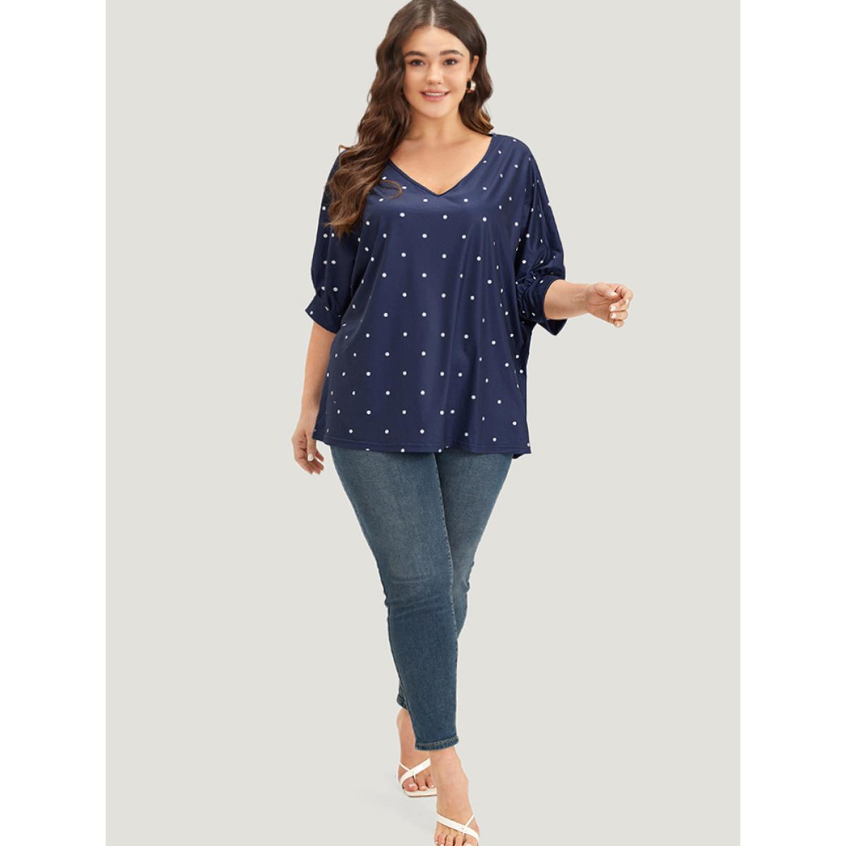 Plus Size Polka Dot V Neck Lantern Sleeve T-shirt Indigo Women Elegant Elastic cuffs Polka Dot V-neck Dailywear T-shirts BloomChic 30/6X Product Image