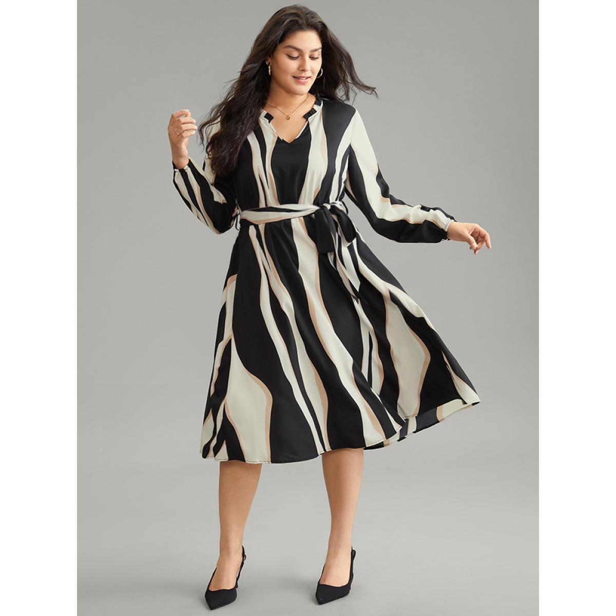 Plus Size Colorblock Striped Notched Belted Lantern Sleeve Dress Black Women At the Office Elastic cuffs Notched collar Long Sleeve Curvy Midi Dress BloomChic 30/6X Product Image