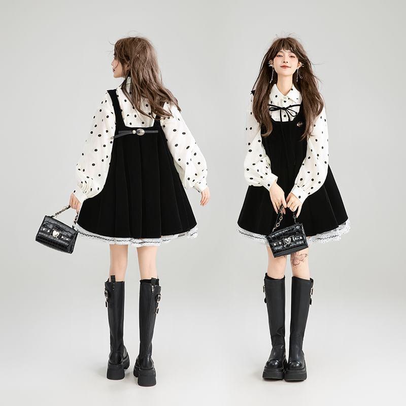 Long Sleeve Collared Dotted Shirt / Pleated Buckled Panel Velvet Mini A-Line Overall Dress Product Image