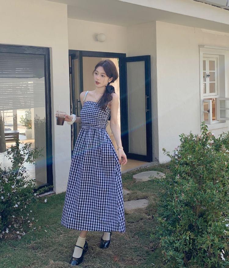 Maternity Open Front Plain Cardigan / Spaghetti Strap Plaid Midi A-Line Dress Product Image