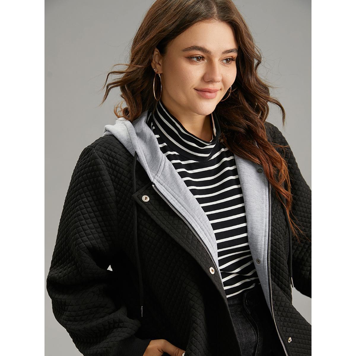 Plus Size Contrast Hooded Drawstring Pocket Zipper Fly Coat Women Black Rib Knit Pocket Dailywear Jackets BloomChic 28/5X Product Image