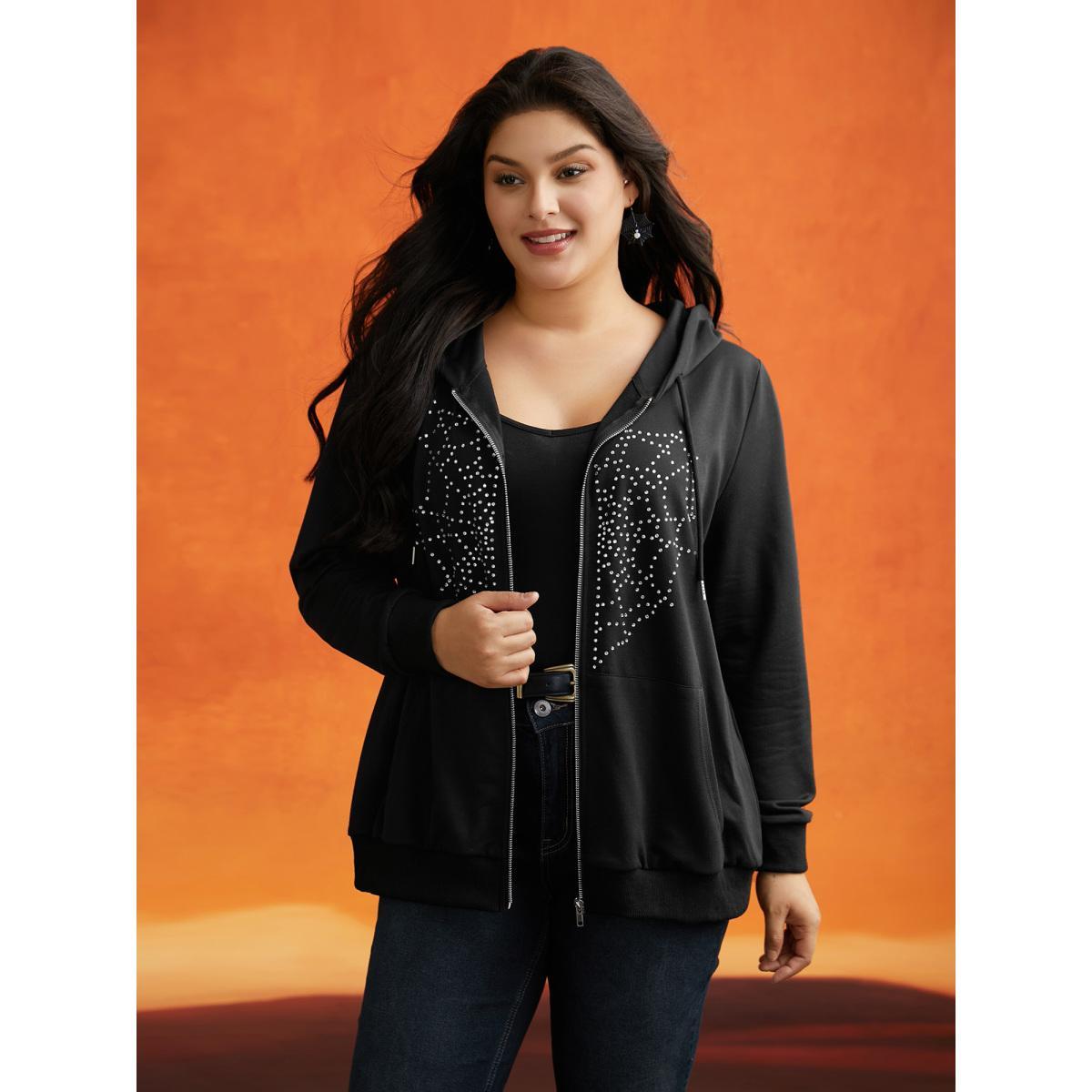 Plus Size Diamond Embellished Spiderweb Zipper Sweatshirt Women Black Casual Rhinestone detailing Loose Hooded Everyday Sweatshirts BloomChic 22-24/3X Product Image