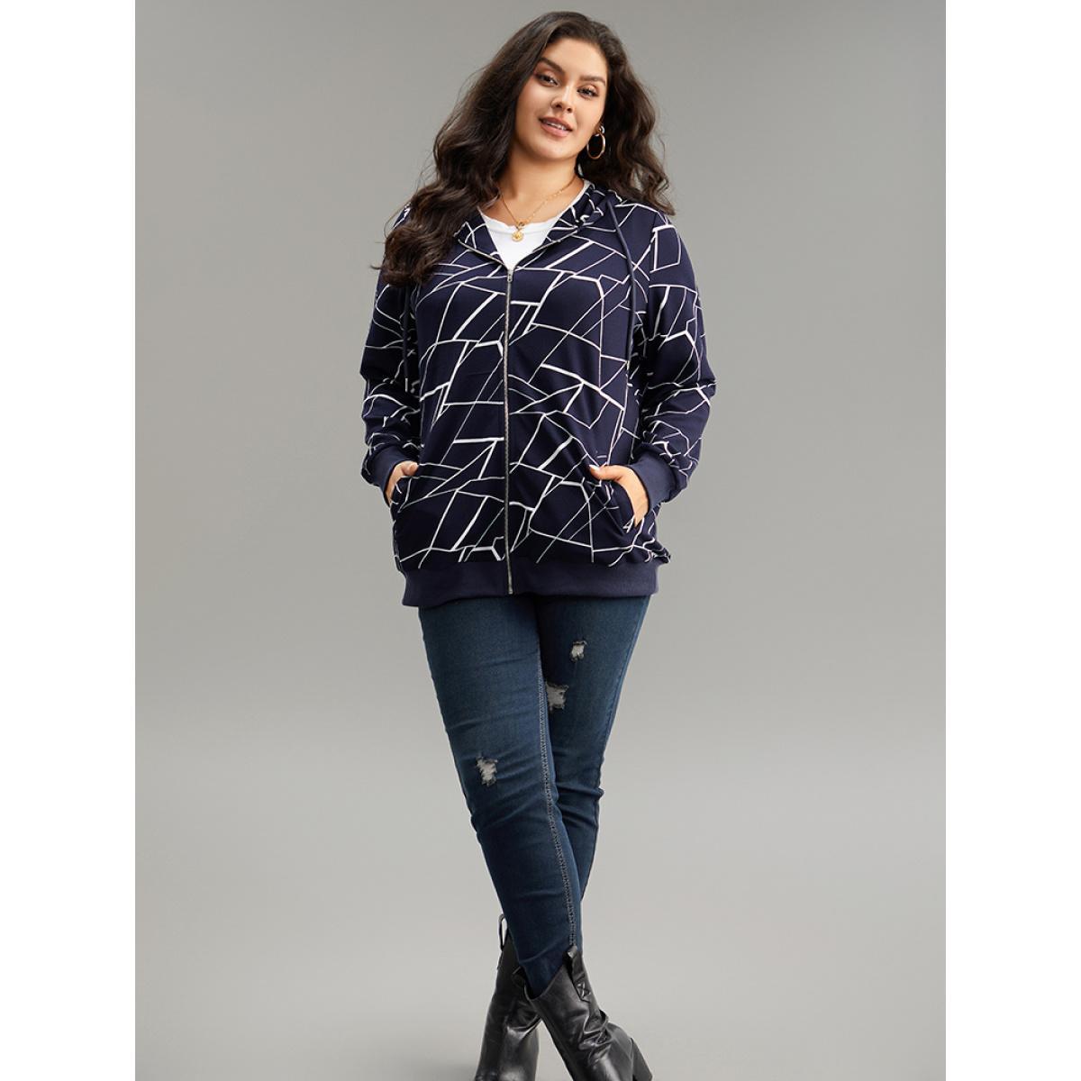 Plus Size Geometric Zipper Hooded Drawstring Sweatshirt Women Midnight Casual Printed Hooded Dailywear Sweatshirts BloomChic 18-20/2X Product Image