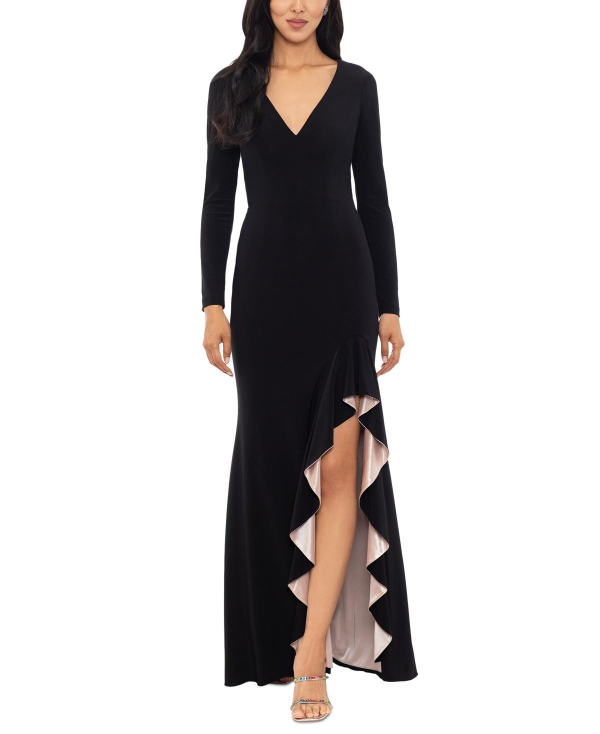 Xscape Womens Long-Sleeve Draped Contrast-Slit Dress - Black Product Image