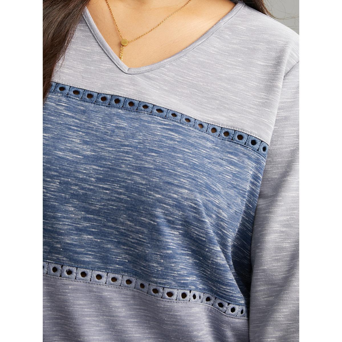 Plus Size Contrast Heather Patchwork Hollow Out Thick T-shirt Multicolor Women Elegant Thick Patchwork V-neck Dailywear T-shirts BloomChic 22-24/3X Product Image