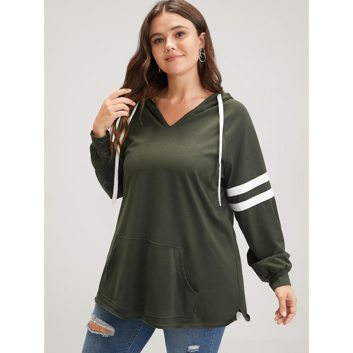 Plus Size Solid Contrast Pocket Drawstring Hooded Sweatshirt Women ArmyGreen Casual Contrast Hooded Dailywear Sweatshirts BloomChic 10/M Product Image