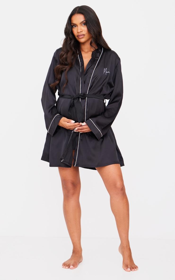 Maternity Black Embroidered Mama Satin Tie Waist Robe Product Image