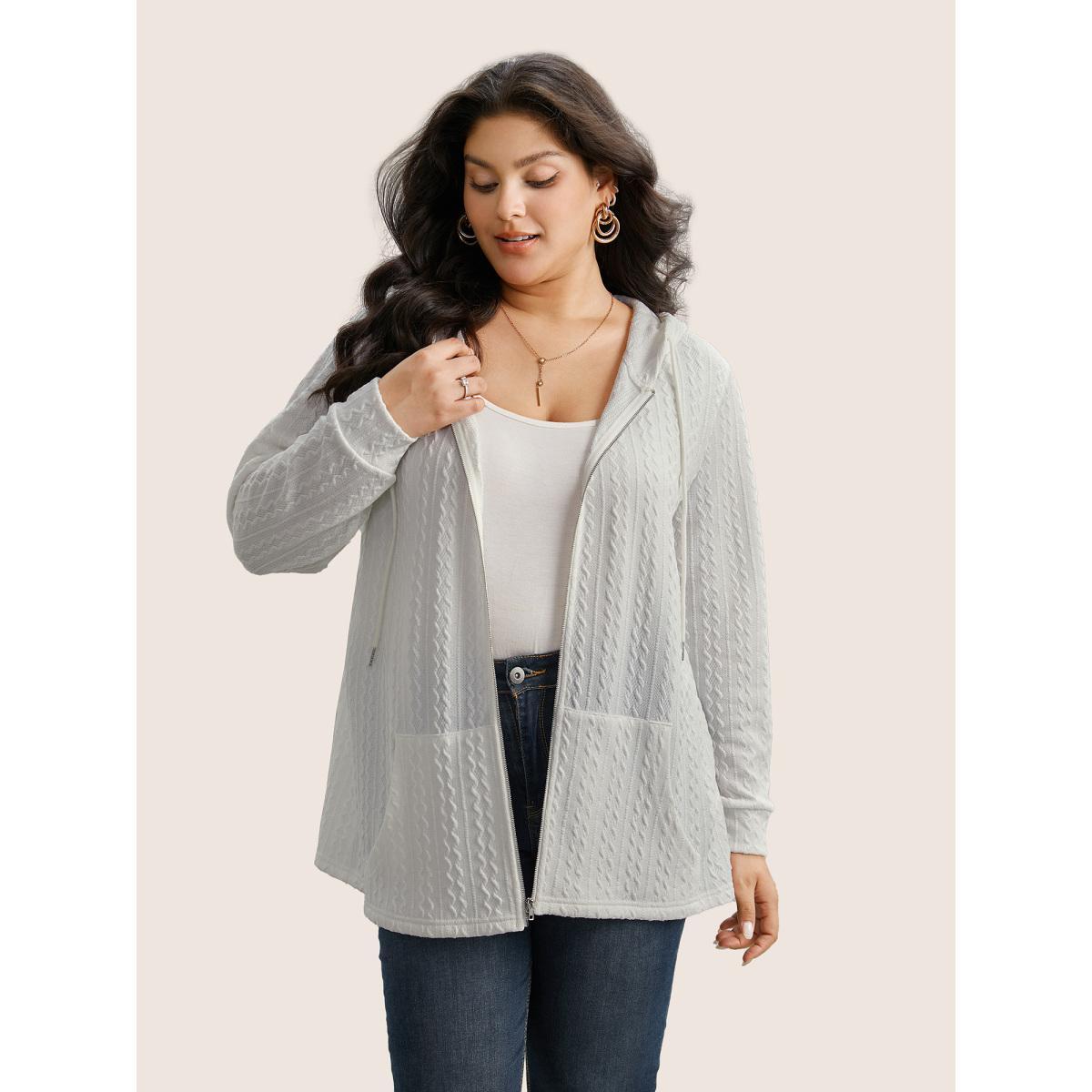 Plus Size Plain Textured Zipper Hooded Sweatshirt Women White Casual Non Hooded Everyday Sweatshirts BloomChic 26/4X Product Image