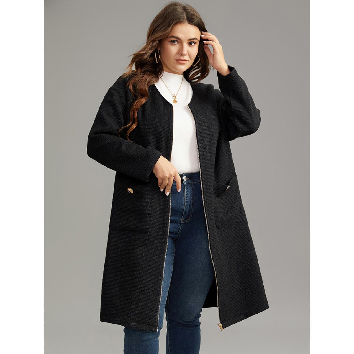 Plus Size Solid Tweed Pocket Metai Detail Zipper Coat Women Black Casual Plain Ladies Dailywear Winter Coats BloomChic 12/L Product Image