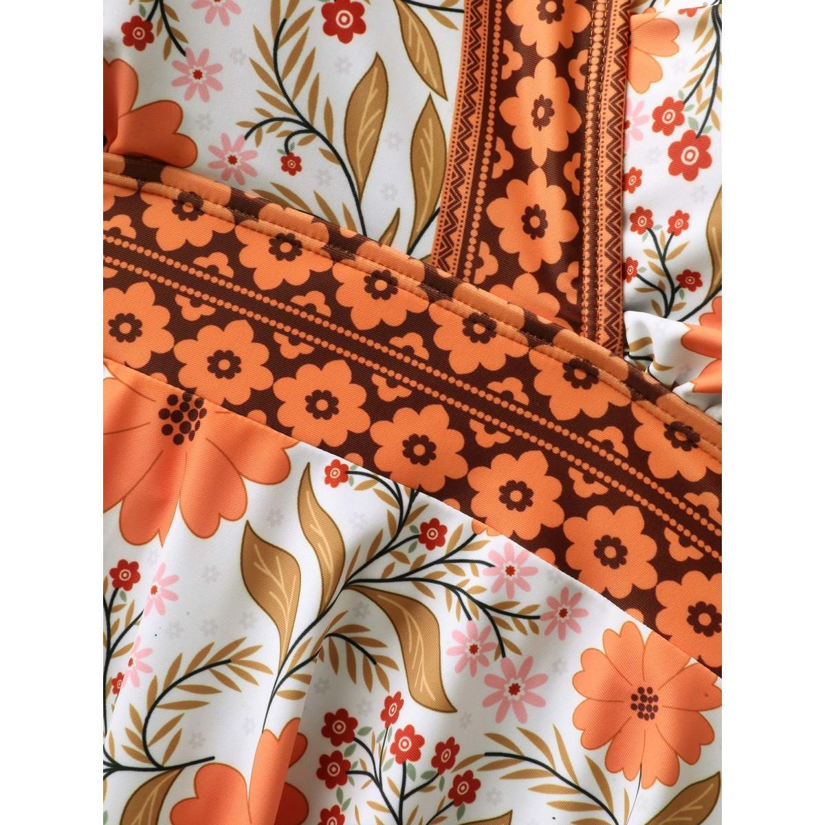 Plus Size Floral Print Color Contrast Swim Dress Women's Swimwear Originalwhite Beach Bodycon Overlap Collar High stretch Curve Swim Dresses BloomChic 26/4X Product Image