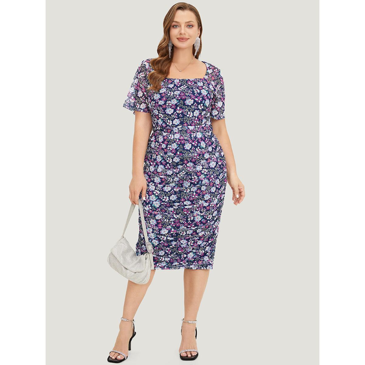 Plus Size Floral Print Ruched Square Neck Dress Stone Women Glamour Gathered Square Neck Short sleeve Curvy Midi Dress BloomChic 30/6X Product Image