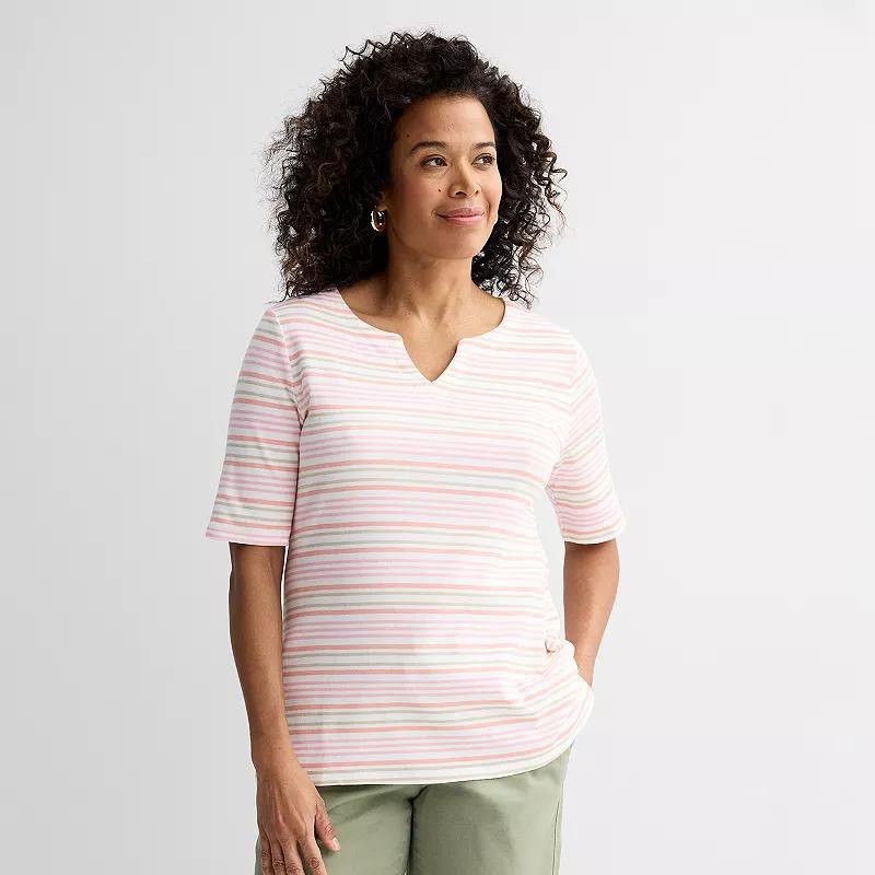 Women's Croft & Barrow® Elbow-Sleeve Splitneck Top, Size: Medium, Pink Tidy Stripe Product Image