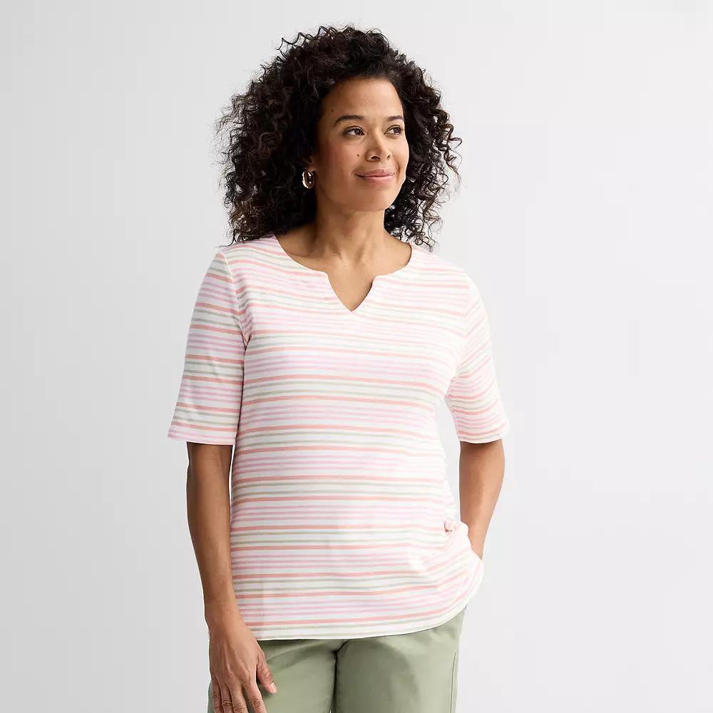 Women's Croft & Barrow® Elbow-Sleeve Splitneck Top, Size: Medium, Pink Tidy Stripe Product Image