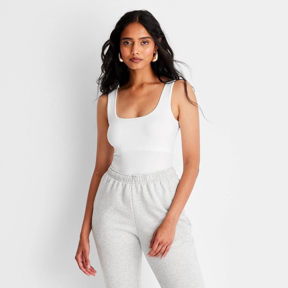 Women's Seamless Tank Bodysuit - A New Day™ White M: Slim Fit, Squareneck, Sleeveless, Crotch Snap Product Image