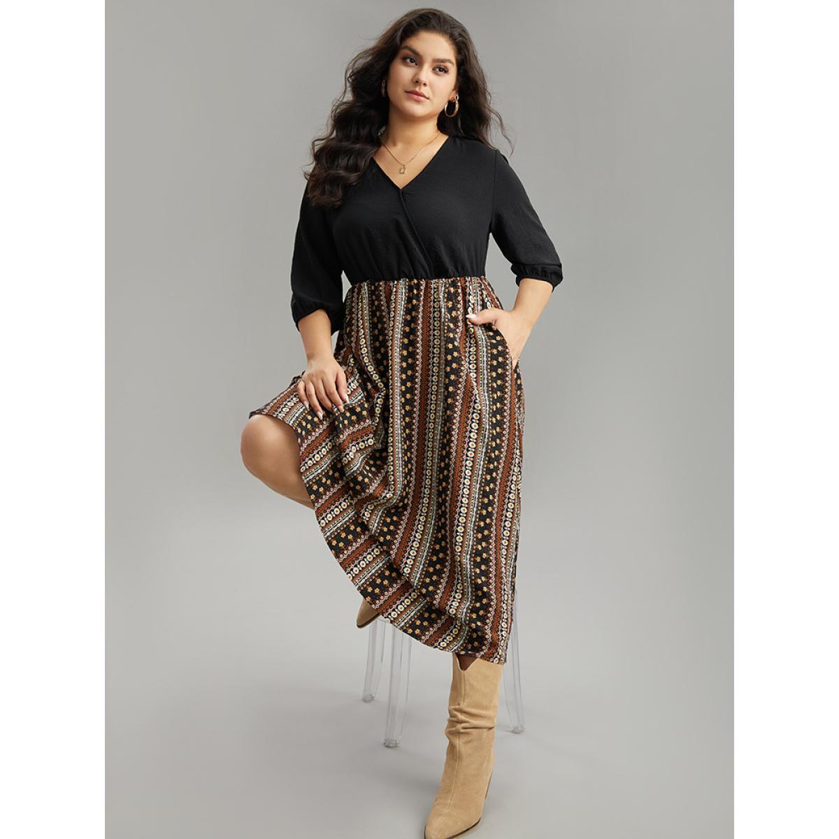 Plus Size Bandana Striped Patchwork Wrap Dress Black Women Vacation Elastic cuffs V-neck Elbow-length sleeve Curvy Midi Dress BloomChic 14-16/1X Product Image